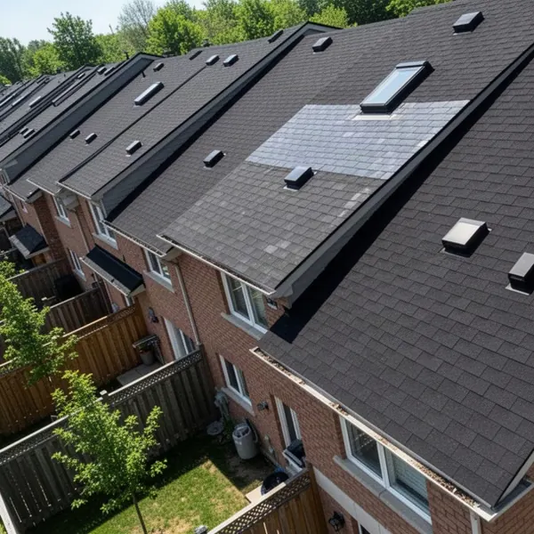 Drone view of a townhouse roof inspected in Barrhaven Aerial view of inspected roof on Barrhaven townhouse