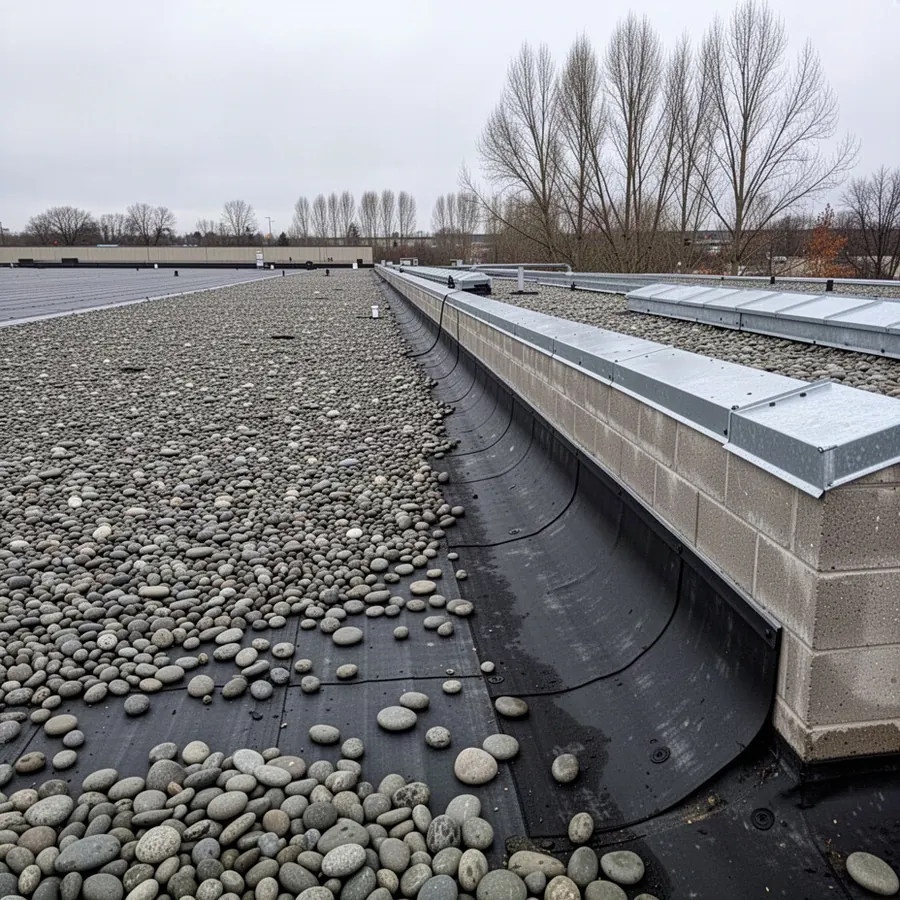 Ballasted EPDM roof with river stone on warehouse