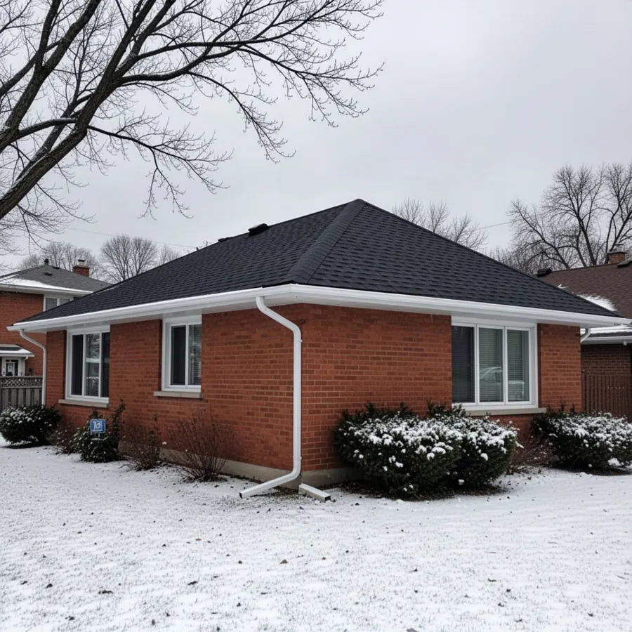 Charcoal shingle roof on Ottawa brick bungalow after snowfall