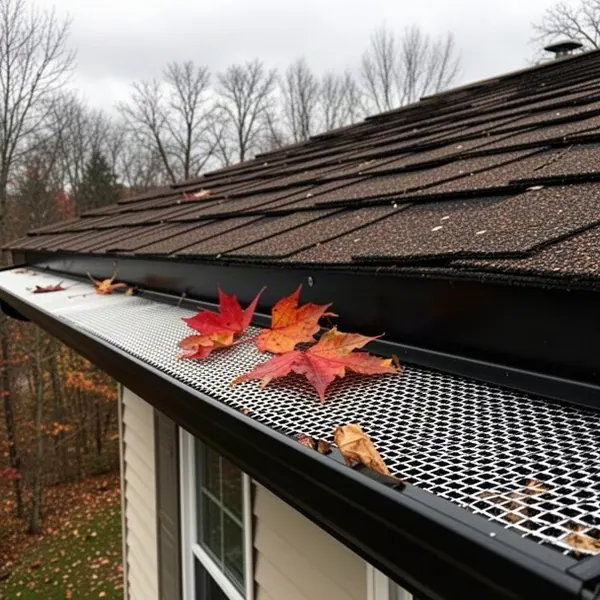 Eavestrough with leaf guard on Ottawa home in fall