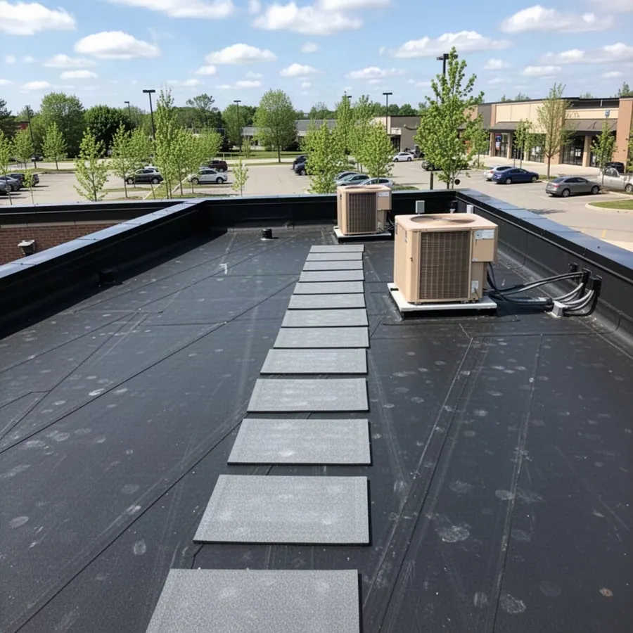 Well-kept EPDM roof with walkway pads leading to rooftop units Maintained EPDM roof with walkway pads in Barrhaven
