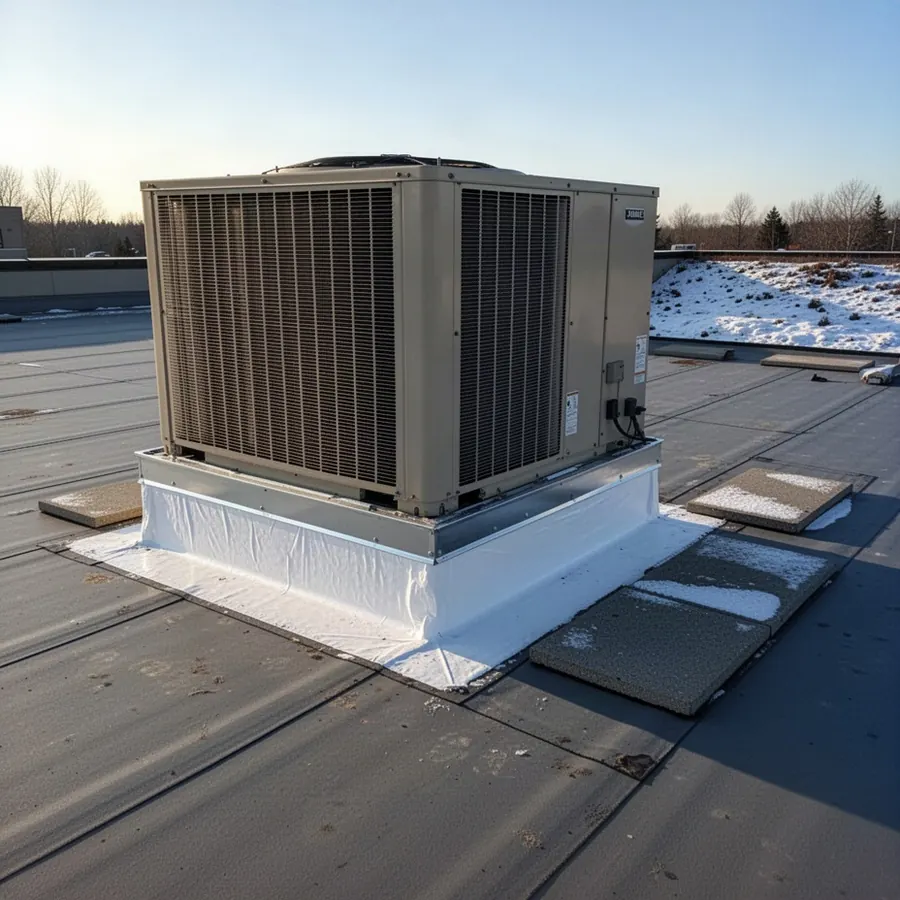 Rebuilt membrane flashing on rooftop unit curb in Kanata