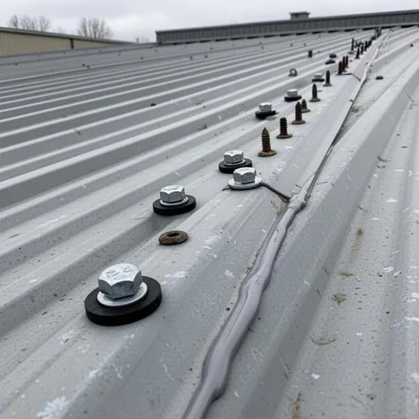 Resealed fasteners on ribbed steel commercial roof