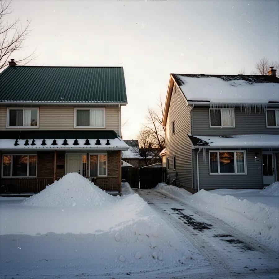 Ribbed steel roof shedding snow beside shingled neighbour