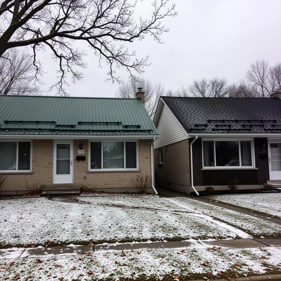 A new steel roof beside a new shingle roof on an Ottawa street Steel and shingle roofs on neighbouring Ottawa homes
