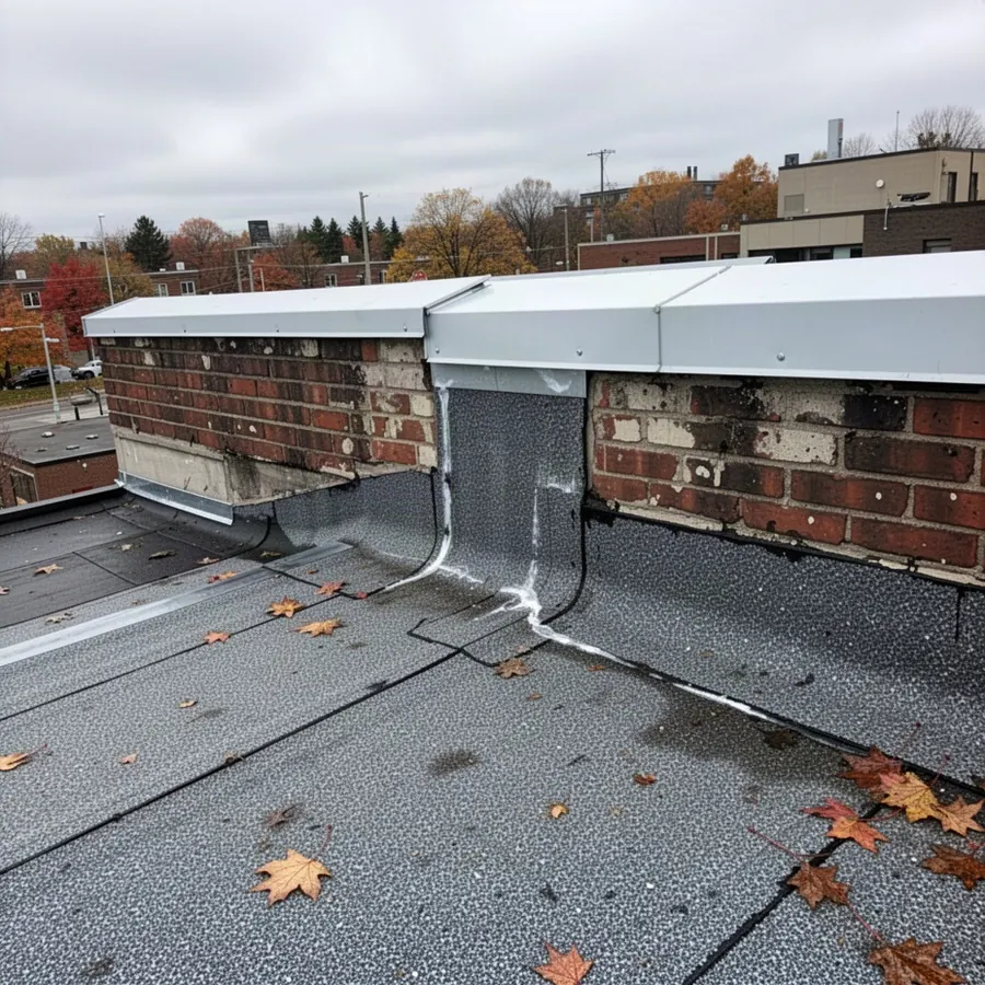 Torched SBS flashing on parapet of brick building