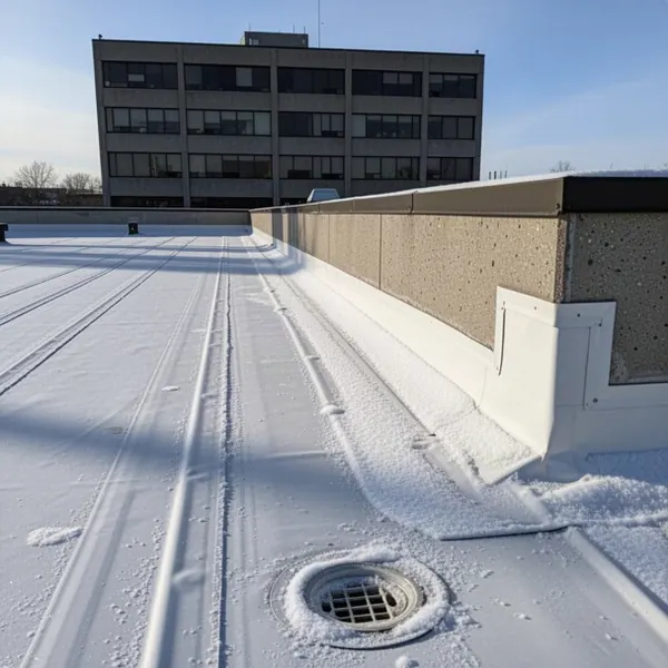 Welded TPO seams on snowy Nepean office roof
