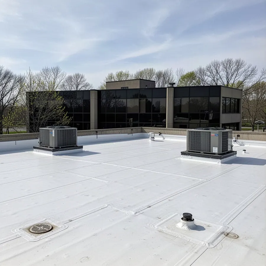 Completed TPO roof replacement on a low-rise office in Kanata North White TPO membrane roof on Kanata North office building
